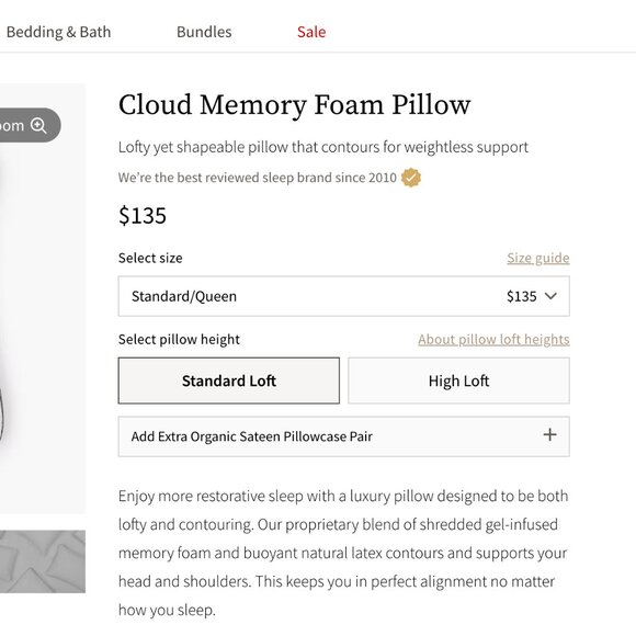 Saatva Memory Foam Pillow-BNIB - Picture 1 of 4